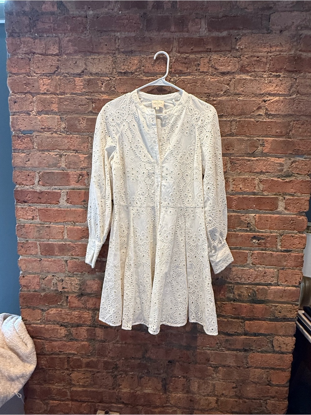 Sezane cotton dress in ecru Eyelet Long Sleeve Mini Dress size 40